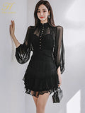 Han Queen 2024 Spring New In Dresses Elegant And Pretty Vintage Black Short Dress Women Simple Chiffon Casual Party Vestidos-Outfit