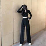 Toloer Waist Wide Leg Pants Women's Pants Autumn Hanging Feeling Loose Versatile Black Thin Suit Pants Casual Straight Leg Floor Pants-Outfit