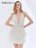 Ruffle Trim Print Dot Women's Dress V Neck Sleeveless High Waist Sexy Dresses Female Fashion New Clothing