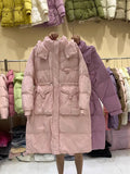 Fashion Waist Hooded Long Down Jacket Female 2024 Winter New Show Thin Three Plate Buckle Warm Coat-Outfit