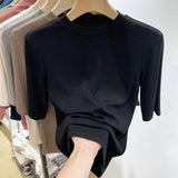 Toloer Wind Advanced Sense Pure Color Half High Collar Five Minutes Sleeve Sleeve T Shirt Female Slim Slim Inside The Bottom Shirt