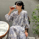 Toloer Chic Spring French Vintage V-Tie Bow Ink Print Design Loose Long Sleeve Dress-Outfit
