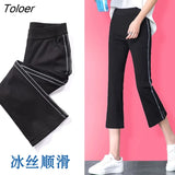 Pants Women Calf-length Flare Side-stripe Thin Summer Slim Ice-silk Womens Trousers Fashion Vintage Simple Leisure