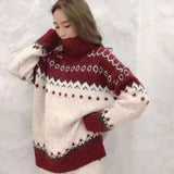Women Knitting Sweater Christmas Ferris Wheel New Loose Thicken Warm Turtleneck Color Matching Printed