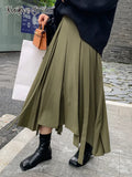Casual Korean Fashion Skirt For Women High Waist Loose Fold Pleated Solid Midi Skirts Female Spring Clothing