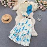 Vacation Beach 2pcs Set Women Floral Printed Short Sleeve Tops And High Waist Pleated Long Skirt Suit Spring