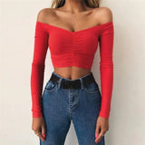 Toloer 2024 Winter Women's Long Sleeve One Word Shoulder Slim Crop Short T-Shirt A Hair-Outfit