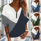 Multicolor Geometric Pattern Long-sleeve Zipper V-neck