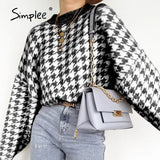 Simplee Women geometric khaki knitted sweater women casual Houndstooth lady pullover sweater female Autumn winter retro
