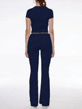 Short Sleeve Cropped Top Fold-over Flare Pants Set-Outfit