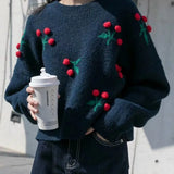 2021 Valentine's Day Red Sweaters Cherry Short Women Winter Clothes Loose Coat Cherries Korean Style Tops Pulover