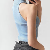 Women Ribbed Halter Tank Crop Tops Summer Spring 2023 Base T-shirt Harajuku Adults Sleeveless Solid Color Round Neck Knit Tops-Outfit