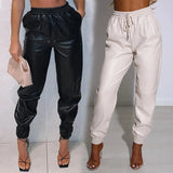 Women PU Leather Autumn Fashion Elegant Office Casual Loose Harem Leather Pants Elastic High Waist Female Long Trousers-Outfit