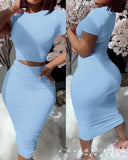 Toloer Round Neck Short Sleeve Show Waist Sexy T-Shirt Wrapped Buttock Skirt