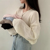 Solid Color V-Neck Oversized Knitted Tee-Outfit