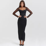 V-Neck Low-Breast Mesh Yarn Long-Sleeved Pupling Open-Fork Dress
