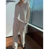 2 Pieces Set Women oversize Tracksuit polo collar Sweater Pullover straight pants Sweater Set CHIC Knitted Outwear sweater