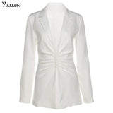 Yiallen Autumn New Fashion Casual Simple Solid White Turn-down Collar Single Breasted Suit For Women's Office Long Coat