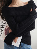Solid Off Shoulder Knit Sweater-Outfit