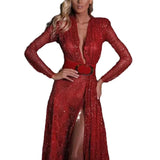 2025 New Sexy Dress Opened Fork-Colored Sequin Long Drag Evening