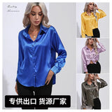 Satin Shirt Satin Imitation Silk Long-Sleeved Pure Color Elegant Button Front Lapel Shirt-Outfit