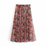 Elegant Vintage Green Long Skirt High Waist Print Skirt Seaside Holiday Pleated Skirt Split Elegant Floral Skirt