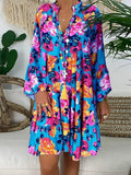 Bohemian Women Dresses Summer Long Sleeve Button Loose Mini Dress Big Swing Boho Dress Printed Vestido 425-0-Outfit