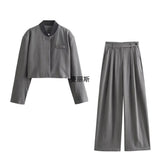New Women's Loose Casual Long-Sleeved Striped Jacket Top High Waist Wide Leg Trousers