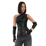 Toloer Women's 2024 New Street Hipster Sleeveless Diagonal Collar PU Leather Vest And Sleeve Top For Women-Outfit