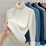 Velvet Turtleneck Pullovers Women Korean Fashion Lined Warm Sueter Knitted Slim Top Winter Jersey Knitwear Jumper