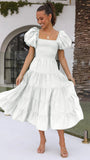 Summer New Bubble Sleeve Holiday Show Skinny Dress Babes High-Waisted Shoulder-Print Dress Dress