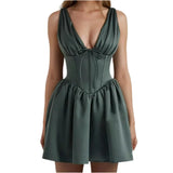 Green Stain Pleated V-neck Mini Dress-Outfit