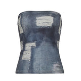 Retro Imitation Denim Print Shoulder-Repair Waist-Wrapped Waist-To-Bottom