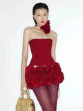 Red Lace Up Corset And 3d Flower Mini Skirt Two-Piece Set-Outfit