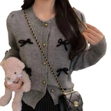 Gentle Sweet Bow Knitted Cardigan 2024 Early Spring New Niche Designer Round Neck Blouse Woman-Outfit