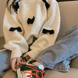 Sweet Sweater Pullover Women Autumn Winter Loose Bow Outwear Knitted Tops O Neck Warm Female Jumper Casual Fashion-Outfit
