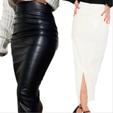 Women Spring Autumn Sexy Skirt, Adults Slim-fit Solid Color High Waist Sllim Slit Leather Skirt (Black, White)-Outfit