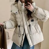 Outdoor Cold Resistant White Duck Velvet Overalls Down Jacket Female 2024 New Fashion Hooded Leather Logo Waist Show Thin Coat-Outfit