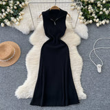 A Small-Sized Lap Collar Zipper Sleeveless Dress Women Decorate The Body Thin Leisure Medium Long Over-膝 Knit