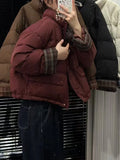 Grid Splicing Down Jacket Female Short 2024 New Retro Sweet And Thick White Duck Velvet Bread Coat-Outfit