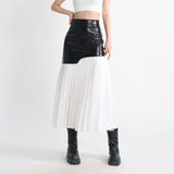 Toloer Street Wind Long Leather Skirt 2024 Autumn And Winter New Fashion High Waist Stitching Mesh Pressure Pleated Skirt Female-Outfit
