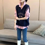 Winter Streetwear O-Neck Sweater Vest Sleeveless Polo-Neck Chiffon Two Piece Set Stylish Screw Thread Character Jumpers-Outfit