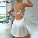 Women Mesh Patchwork Three Diemnsional Floral Decoration Spaghetti Straps Lace Hem Sexy Night & Sleeping Dress-Outfit
