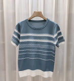 Version Of Chic Summer Small Casual Round-Coln Color Three-Dimensional Stripe Design Sense Loose Short-Sleeved Knitted T-Shirt