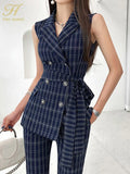 Han Queen 2023 Autumn Occupation Plaid 2-Piece Suit Women Elegant Double-Breasted Lace-Up Top & Simple Pants Korean Casual Set-Outfit