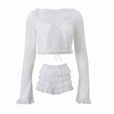 Women's Kawaii Shorts Set Flare Long Sleeve Frills Front Split Tie-up Crop Top + Layered Shorts Summer 2-piece Outfit-Outfit