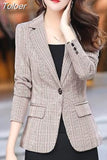 Button Blazer Women Jacket Slim Fit Office Lady Blazers Coat Chic Plaid Outerwear Female Pockets Jackets Fashionable