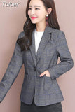 Vintage Casual Plaid Blazer Women Fashion Single Button Office Ladies Jacket Coat Notched Collar Long Sleeve