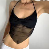 Toloer Early Winter Women's 2024 Fashion New Square Perspective Mesh Pleated Back Strap Vest-Outfit