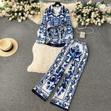 Fashion Positioning Print Strapping Belt Collar Long Sleeve Top Female High-Waist Broad Leg Straight Trousers